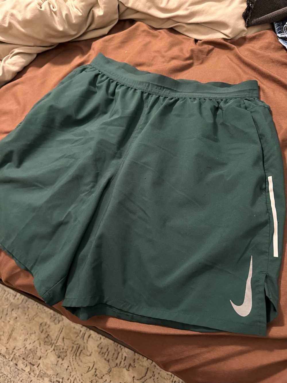 Men’s Nike Forest Green Running Shorts with Light Grey Swoosh